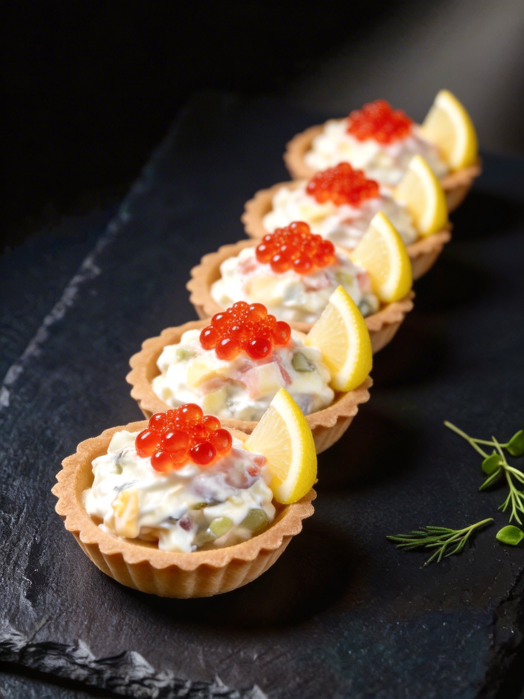 Canapés mit leicht gesalzenem Lachs und rotem Kaviar
