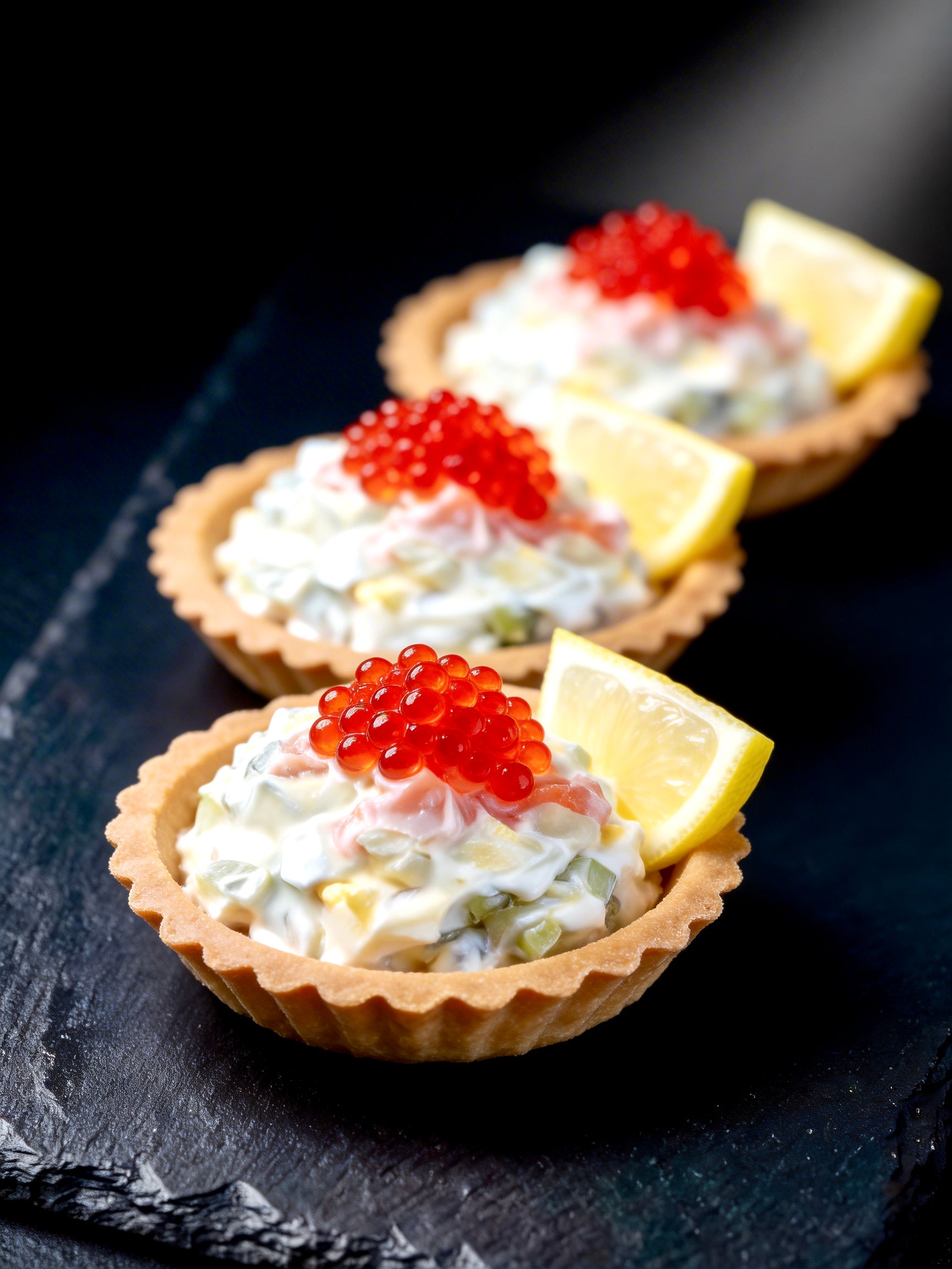 Canapés mit leicht gesalzenem Lachs und rotem Kaviar