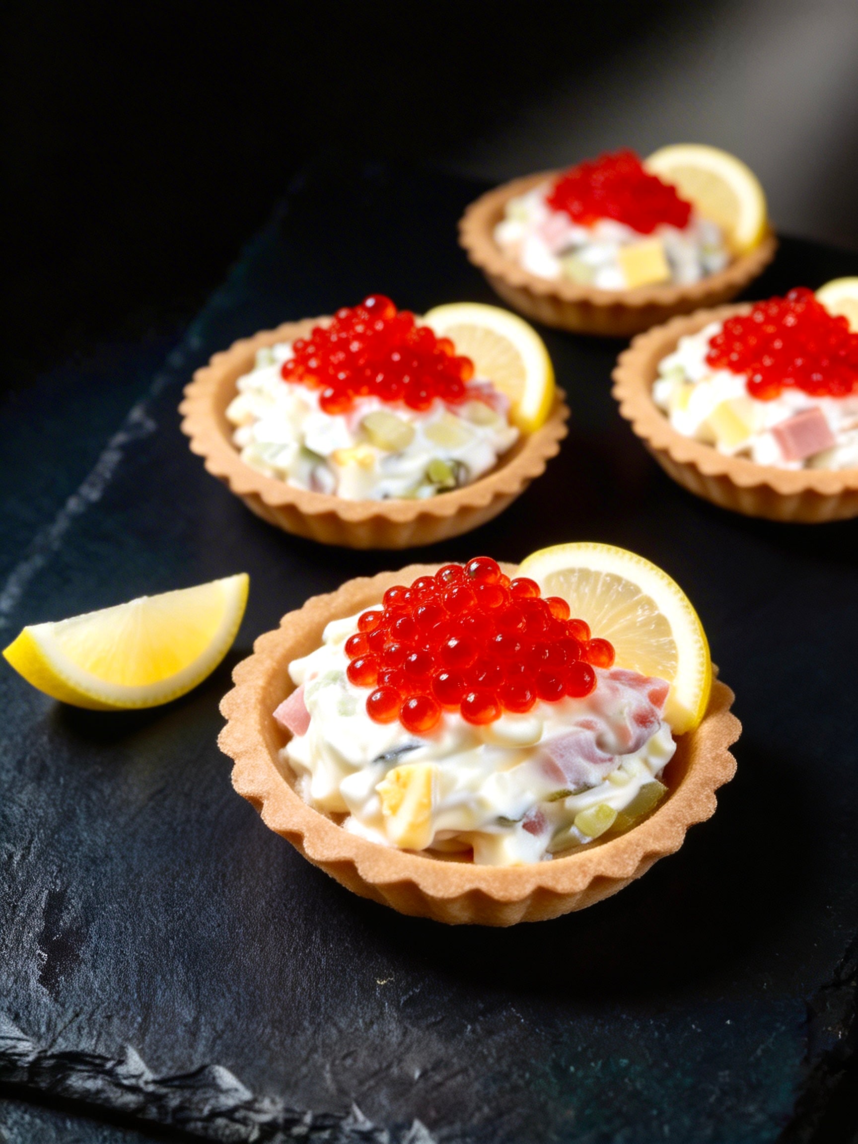 Canapés mit leicht gesalzenem Lachs und rotem Kaviar