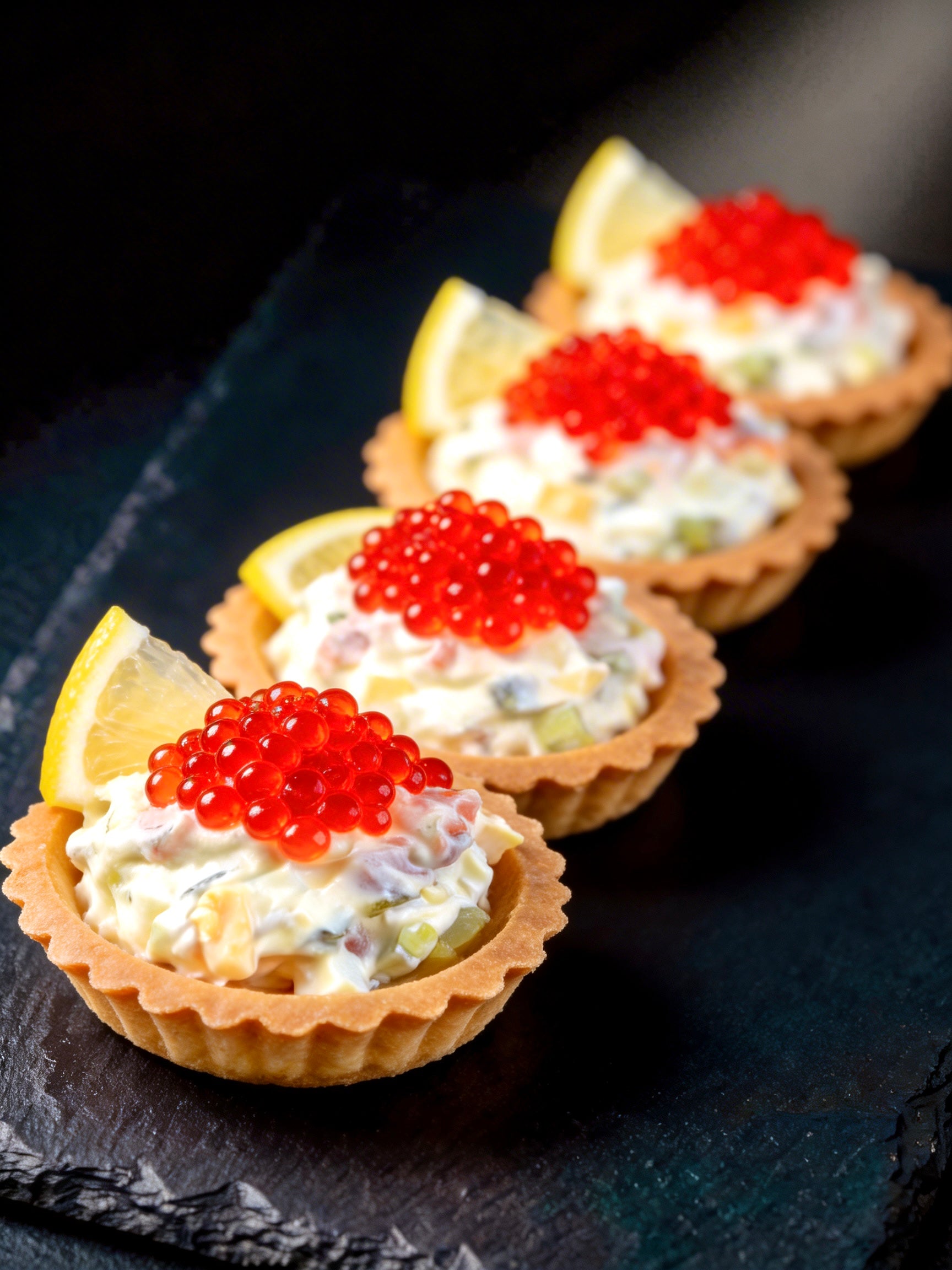 Canapés mit leicht gesalzenem Lachs und rotem Kaviar